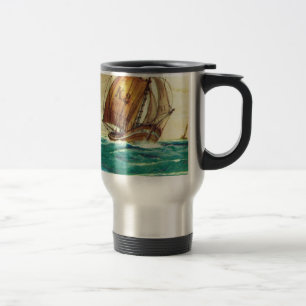 Taza De Viaje Barcos de pesca franceses del vintage en el mar