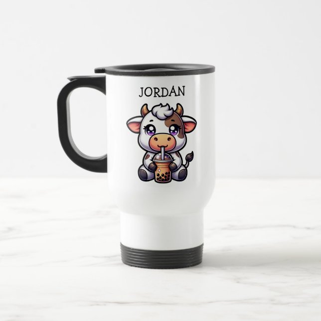 Taza De Viaje Bebé lindo vaca bebiendo Boba Kawaii Personalizado (Izquierda)