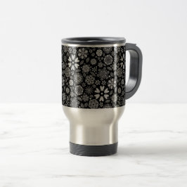 Taza De Viaje Black And Gray Retro Floral Art Seamless Pattern 