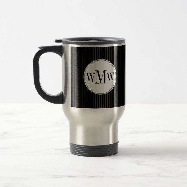 Taza De Viaje Black Pinstripe Monogram Mug (Izquierda)