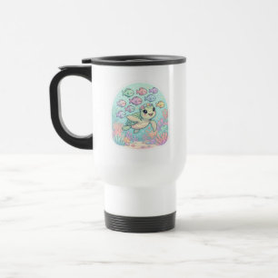 Taza de viaje blanca de tortuga marina kawaii