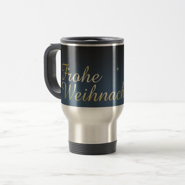 Taza De Viaje Blaues Weihnachtsmotiv mit goldenem Weihnachtsbaum (Anverso izquierdo)