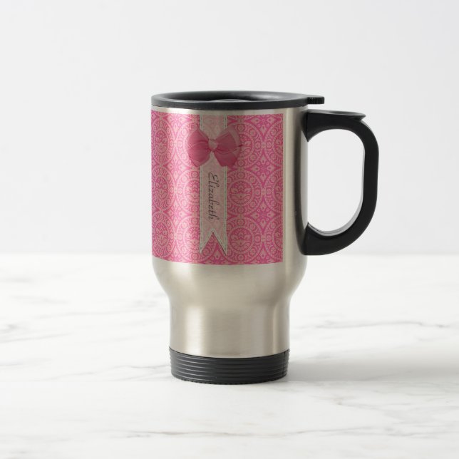 Taza De Viaje Bonito Medallero Rosa Damask Cute Bow Con Nombre (Derecha)