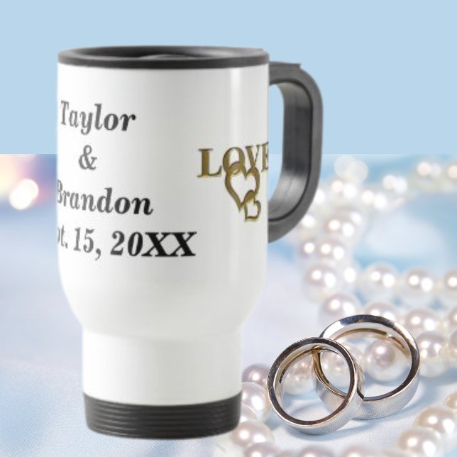 Taza De Viaje Bride & Groom Custom Name & Date Gold Love Hearts (Bride & Groom Custom Name & Date Gold Love Hearts Travel Mug)