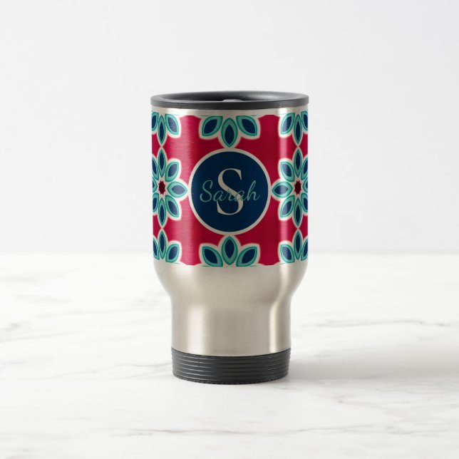 Taza De Viaje Bright Red and Blue Modern Geometric Personalised (Centro)