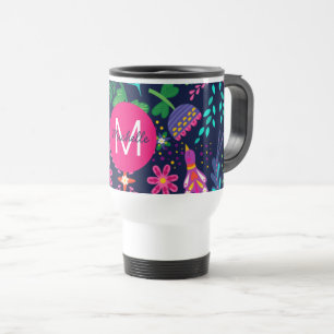 Taza De Viaje Brillante Colorido Caótico Floral Azul Personaliza
