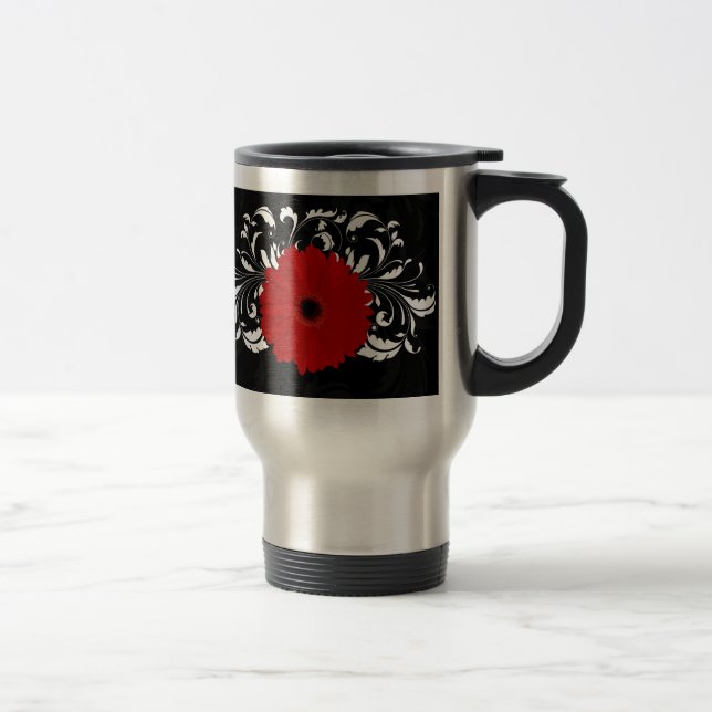 Taza De Viaje Brillante Red Gerbera Daisy sobre negro (Derecha)