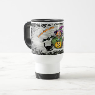 Taza De Viaje Bruja, gato, murciélago y calabaza, ¡Feliz Hallowe