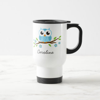Taza De Viaje Búho azul en nombre floreciente del personalizable