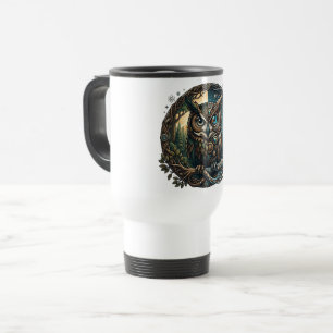 Taza De Viaje Búho Cibernético Naturaleza vs Tecnología Steampun