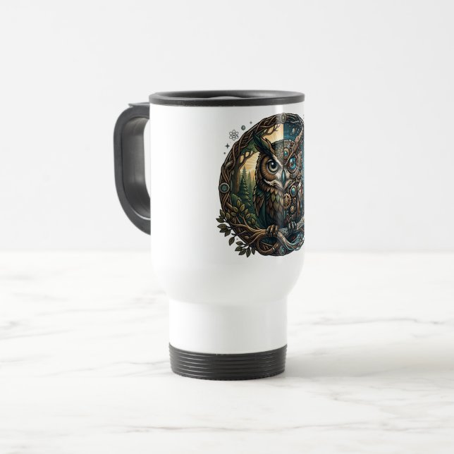 Taza De Viaje Búho Cibernético Naturaleza vs Tecnología Steampun (Anverso izquierdo)