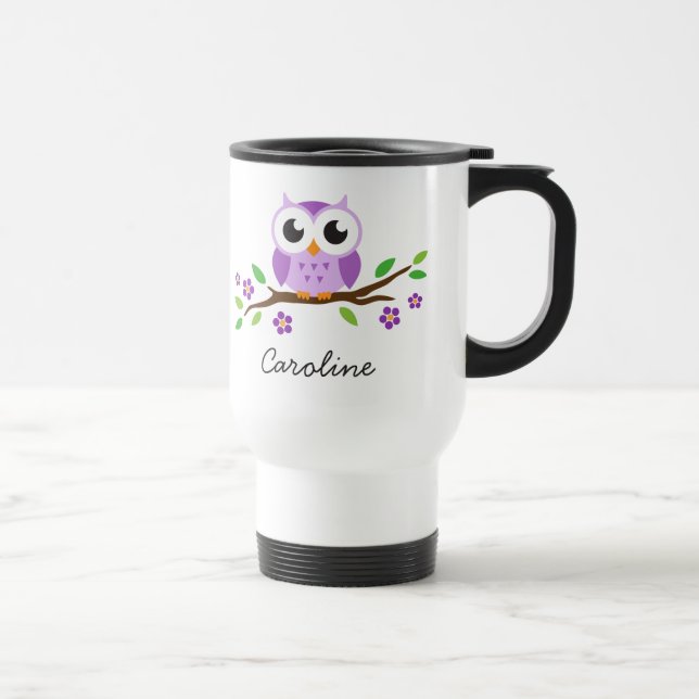 Taza De Viaje Búho púrpura en nombre personalizado rama (Derecha)