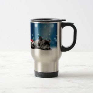 Taza De Viaje Bulldog francés navidades Cachorros nieve sombrero