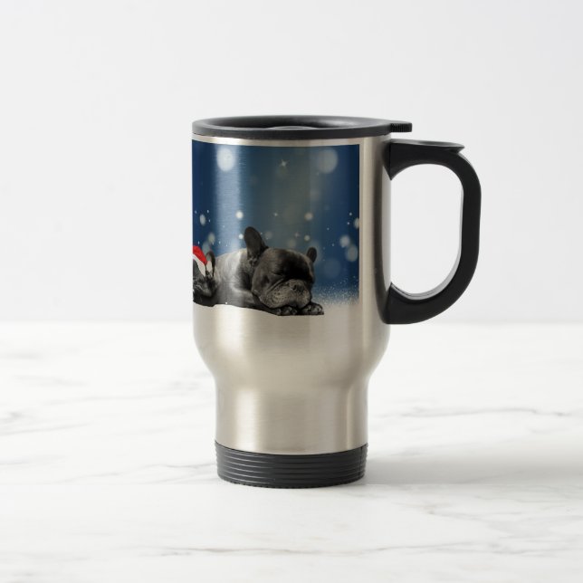 Taza De Viaje Bulldog francés navidades Cachorros nieve sombrero (Derecha)