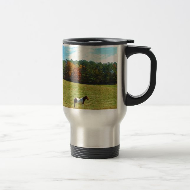 Taza De Viaje Caballo marrón y blanco, árboles de otoño, cielo a (Derecha)