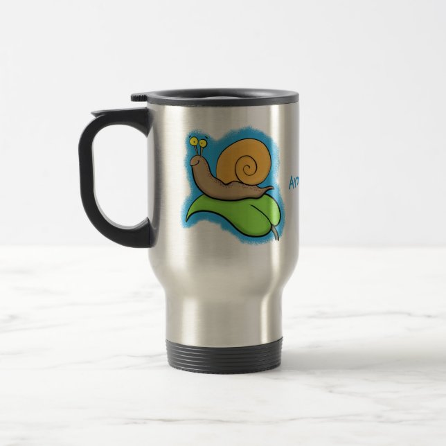 Taza De Viaje Caca, caracol feliz en un ilustracion personalizad (Izquierda)