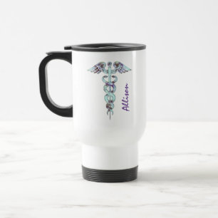 Taza De Viaje Caduceo púrpura médico del médico de la enferme