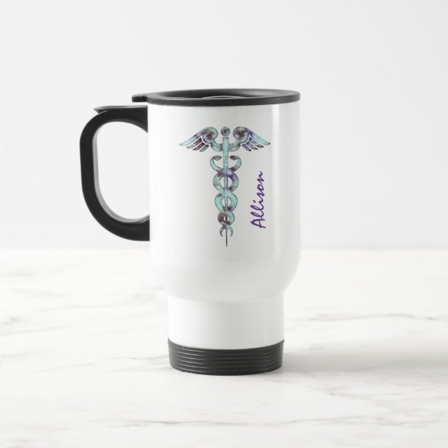 Taza De Viaje Caduceo púrpura médico del médico de la enfermera (Izquierda)