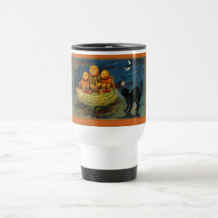 Taza De Viaje Calabazas de Halloween vintage Gato negro