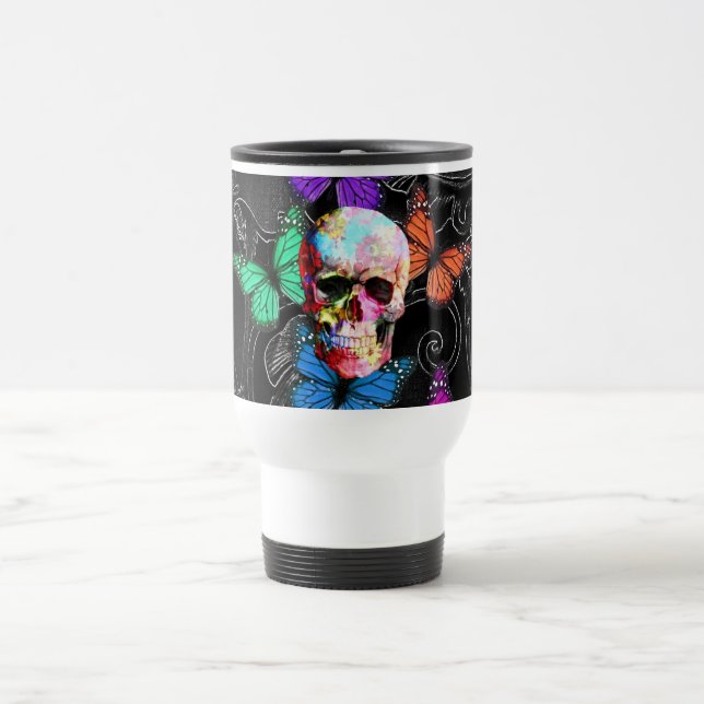 Taza De Viaje Calavera de fantasía y mariposas de colores (Centro)