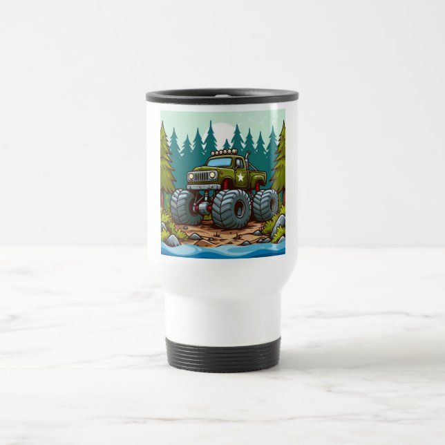 Taza De Viaje Camión verde monstruo en el bosque (Centro)