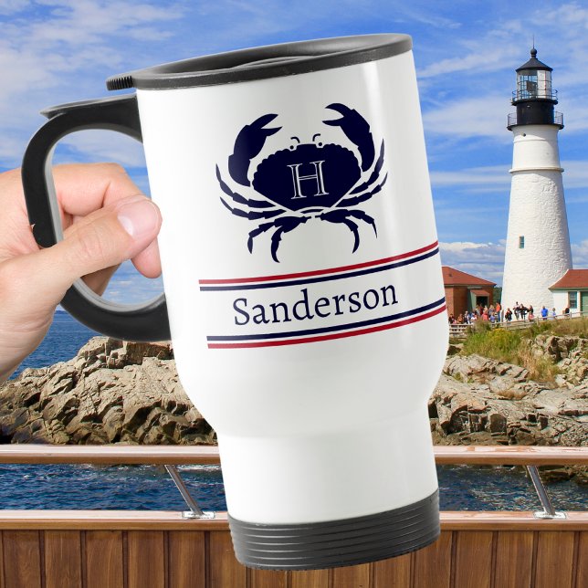 Taza De Viaje Cangrejo azul de la Marina Blanca Rojo monogramado (Subido por el creador)