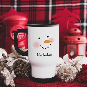 Taza De Viaje Cara Feliz de Muñeco de Nieve Nombre Personalizado