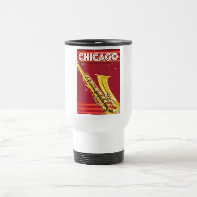 Taza De Viaje Cartel de viaje en saxofón de Chicago. (Centro)