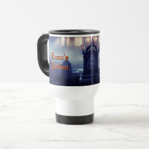 Taza De Viaje Casa de Halloween con Frankie, azul oscuro