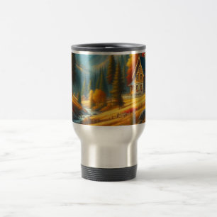 Taza De Viaje Casa de montaña rústica y río de otoño