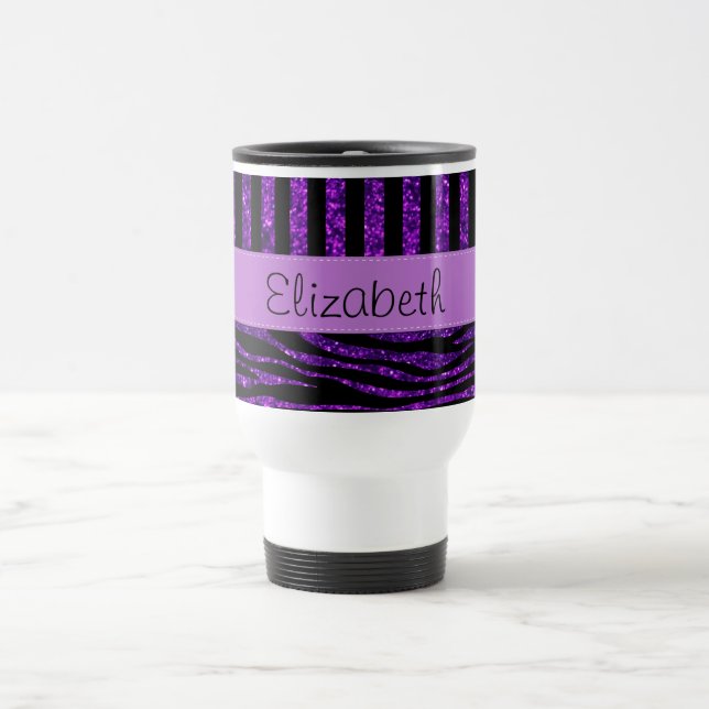 Taza De Viaje Cebra púrpura, Purpurina, Rayas púrpuras, tu nombr (Centro)