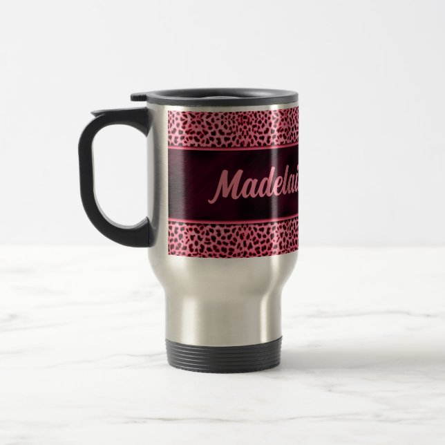 Taza De Viaje Cheetah rosa personalizado con nombre (Izquierda)