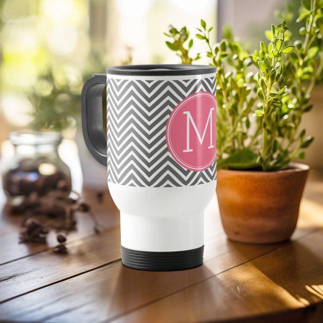 Taza De Viaje Chevrras grises y rosas con monograma Personalizad (Personalized travel mug - add photos and text or customize completely)
