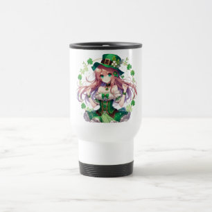 Taza De Viaje Chica de anime del trébol del Día de San Patricio