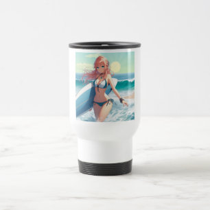 Taza De Viaje Chica surfista de anime costero/ náutico/ tropical
