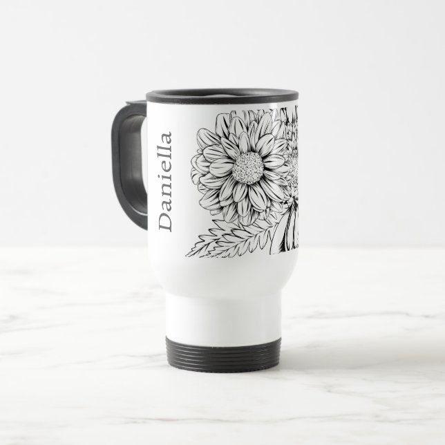 Taza De Viaje Chrysanthemum Black Line Drawing with Your Name  (Anverso izquierdo)