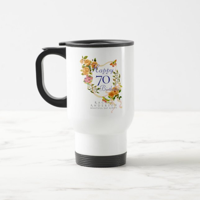 Taza De Viaje Cinta de rosa dorada 70 cumpleaños (Izquierda)