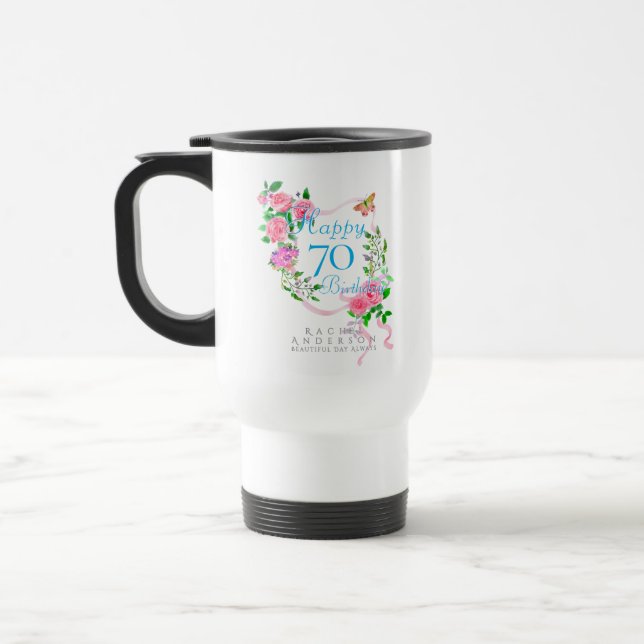 Taza De Viaje Cinta de rosa rosa 70 cumpleaños (Izquierda)
