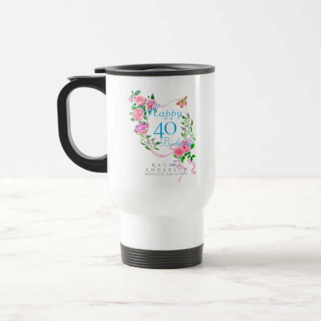 Taza De Viaje Cinta de rosa rosa cumpleaños 40 (Izquierda)