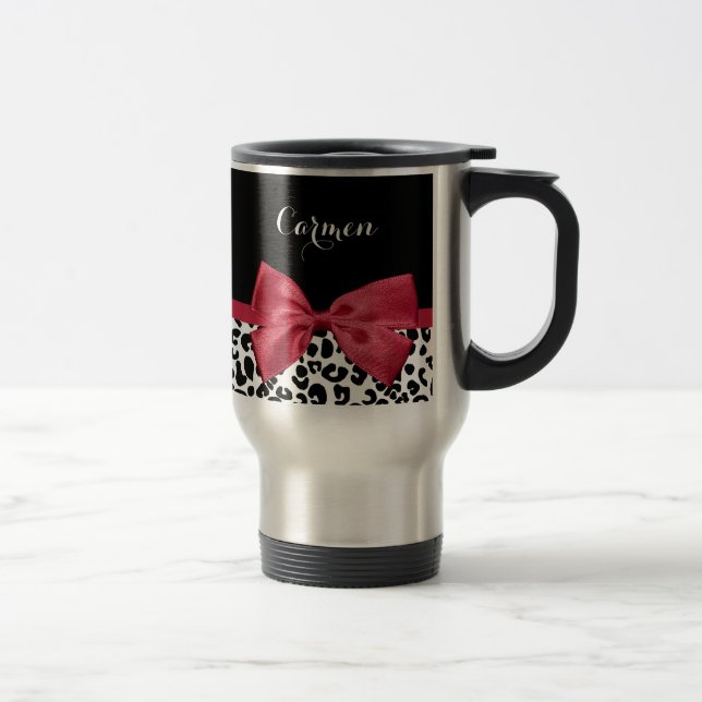 Taza De Viaje Cinta roja brillante con nombre impresa en leopard (Derecha)