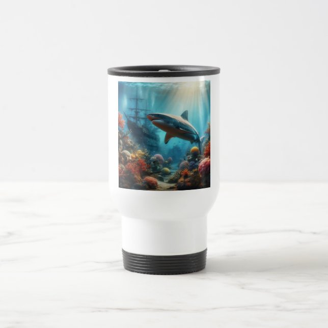 Taza De Viaje Coastal/nautical tiger shark & coral reef (Centro)