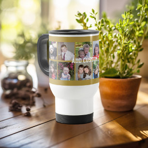 Taza De Viaje Colaje de 12 fotos con fondo dorado