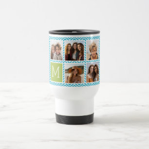 Taza De Viaje Collage de 5 fotos - Monograma azul acuático y lim