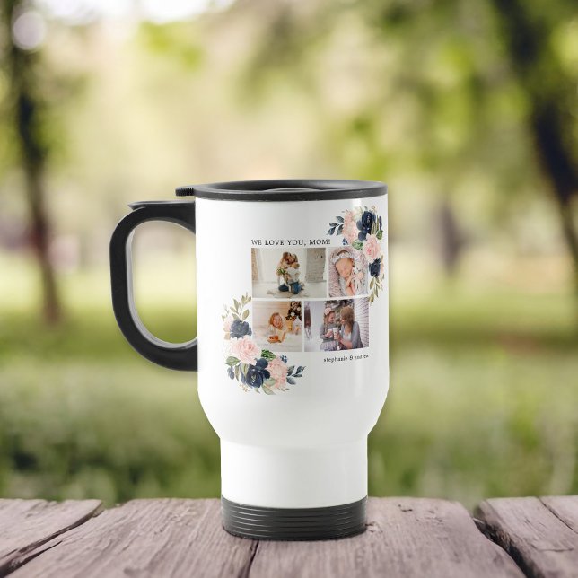 Taza De Viaje Collage de fotos de acuarela botánica floral (Perfect gift for Mother's Day for your special mom. The design features a photo collage)