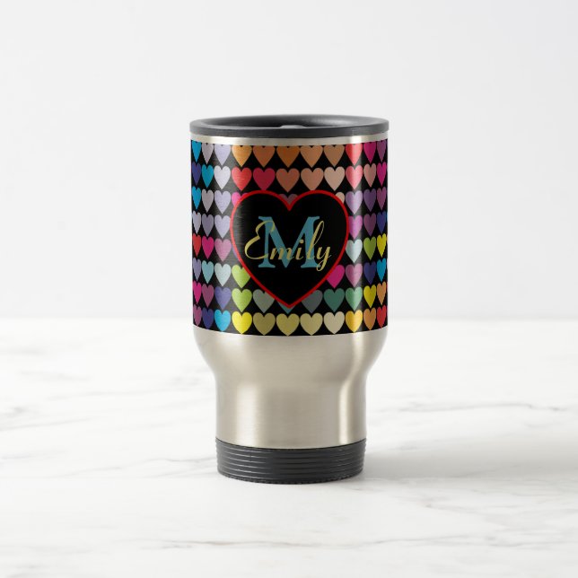 Taza De Viaje Colorful Rainbow Hearts Pattern Personalised (Centro)