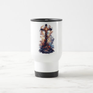 Taza de viaje con bonita cruz cristiana floral