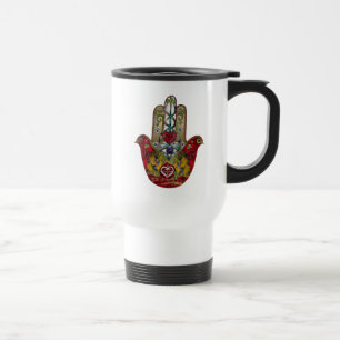 Taza De Viaje Corazón de Granada Rojo de Pájaro Hamsa Rubí