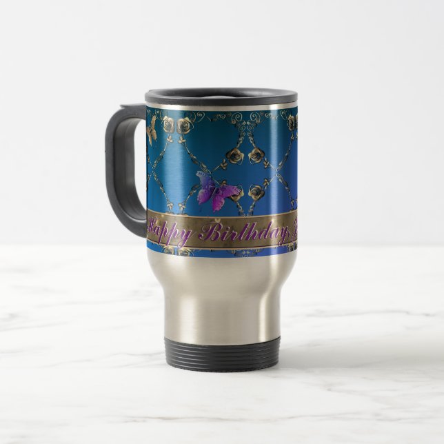Taza De Viaje Corazones Rosas románticos azules y mariposa texto (Anverso izquierdo)
