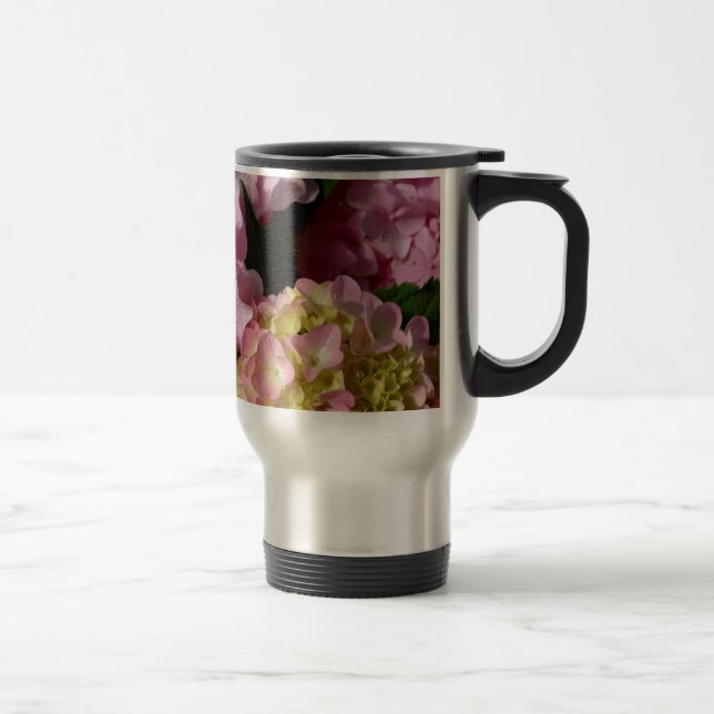 Taza De Viaje Crema rosa Hydrangeas amarillo rosa verde floral (Derecha)