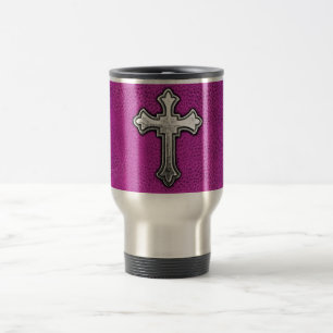 Taza De Viaje Cruz metalizado en el cuero rosado